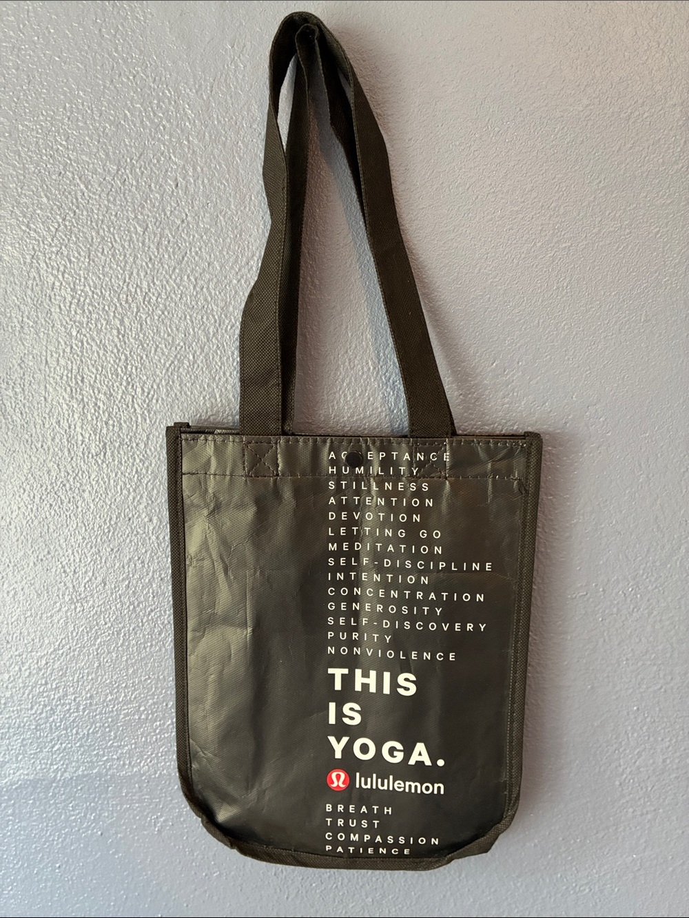 Lululemon athletica Black Tote with White Text "This Is Yoga"